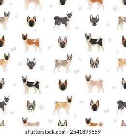 Akita Shepherd seamless pattern. Akita Inu German Shepherd mix. Different coat colors set.  Vector illustration