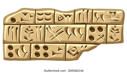 Akkadian cuneiform, assyrian and sumerian writing. Old script alphabet babylon in mesopotamia carved on clay or stone. Language of ancient civilization middle east.