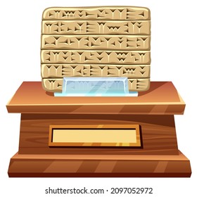 Akkadian cuneiform, assyrian, sumerian writing in museum. Old script alphabet babylon in mesopotamia carved on clay or stone on exhibition stand. Language of ancient civilization middle east.