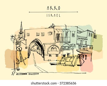 Akko, Israel. Grungy black ink brush drawing. Vector postcard template. Freehand travel sketch