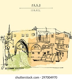 Akko, Israel. Isolated vector illustration. Grungy ink brush drawing. Postcard poster greeting card design template. Freehand travel sketch background with a space for text. Hand lettered title