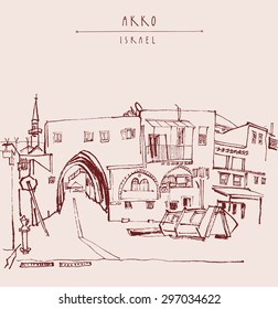 Akko, Israel. Isolated vector illustration. Grungy ink brush drawing. Postcard poster greeting card design template. Freehand travel sketch background with a space for text. Hand lettered title