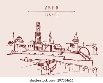 Akko, Israel skyline. Churches, mosques. Isolated vector illustration. Grungy ink brush drawing. Postcard poster design template. Freehand travel sketch background with copy space. Hand lettered title