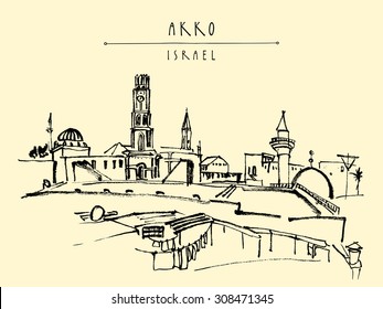 Akko, Israel skyline. Churches, mosques. Isolated vector illustration. Grungy ink brush drawing. Postcard poster design. Freehand travel sketch background with "Akko, Israel" hand lettered title
