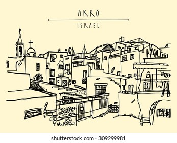 Akko, Israel skyline. Churches, mosques. Isolated vector illustration. Grungy ink brush drawing. Postcard poster design. Freehand travel sketch background with "Akko, Israel" hand lettered title
