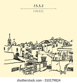 Akko, Israel skyline. Churches, mosques. Isolated vector illustration. Grungy ink brush drawing. Postcard poster design. Freehand travel sketch background with "Akko, Israel" hand lettered title