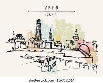 Akko, Israel skyline with towers and temples.  Brush ink hand drawing . Vintage travel postcard template with a hand lettered title. Vector illustration