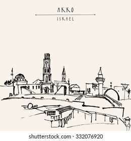 Akko, Israel skyline with towers and temples. Muslim, Christian, Jewish cultural mix. Black and white vintage hand drawn postcard template. Vector illustration