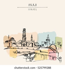 Akko, Israel skyline with towers and temples.  Brush ink hand drawing . Vintage travel postcard template with a hand lettered title. Vector illustration