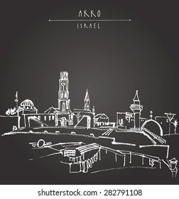 Akko, Israel. White chalk drawing isolated on chalkboard. Vector postcard greeting card graphic design template. Freehand travel sketch background with copy space for text. Hand lettering title