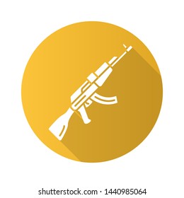 AKM weapon flat design long shadow glyph icon. Virtual video game firearm, gun. Shooter game rifle. Cybersport, esport sniper military inventory, equipment. Vector silhouette illustration