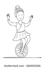Akrabatka en una bicicleta actúa en un circo. Página de coloreado para el libro de colorear. Ilustración vectorial de dibujos animados
