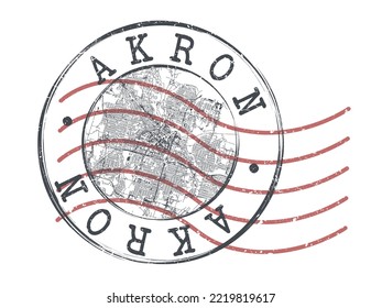 Akron, OH, USA Stamp Map Postal. Silhouette Seal Roads and Streets. Passport Round Design. Vector Icon. Design Retro Travel National Symbol.