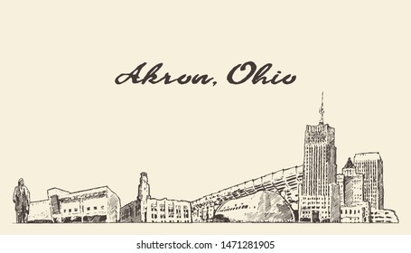 Akron skyline, Ohio, USA, hand drawn vector illustration, sketch