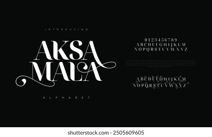 Aksamala swash luxury elegant alphabet letters and numbers. Vintage wedding typography classic serif font decorative vintage retro. creative vector illustration