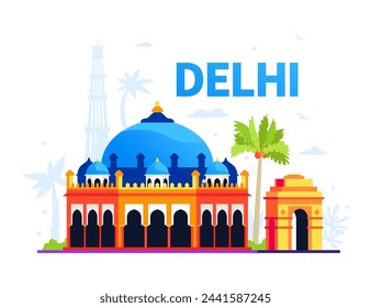 Akshardham and Gateway of India in New Delhi - colored vector illustration with building from the Guinness Book of Records, the largest in the world and monument in memory of Indian soldiers