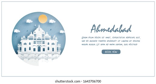Akshardham, India. World famous landmark with white frame and label. Travel postcard and poster, brochure, advertising Vector illustration.