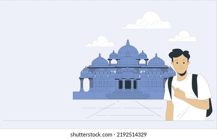 Akshardham Temple in New Delhi, India. Akshardham or Swaminarayan Akshardham complex is a Hindu mandir and a spiritual-cultural campus and man in India. Jain Temple Udaipur India. vector illustration