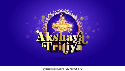 Akshaya Tritiya 3d text Golden floral Vector illustration. Logotype of golden coins, money, jewellery pot background.