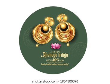  Akshaya Tritiya celebration with a golden kalash, golden earrings, coins on decorated background