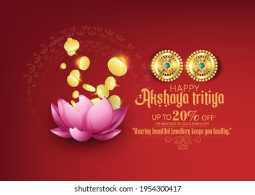  Akshaya Tritiya celebration with a golden kalash, golden earrings, coins on decorated background