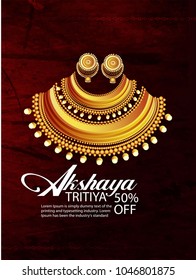  Akshaya Tritiya celebration with a golden kalash,gold bar and gold coins on decorated background.