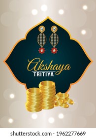 Akshaya tritiya celebration greeting card with creative gold coin pot and gold earing