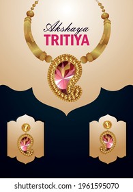 Akshaya tritiya celebration sale flyer with vector necklace with earings and gold coin pot