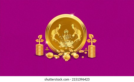 El diseño del festival Akshaya Tritiya o Dhanteras con la diosa de la riqueza Lakshmi Laxmi Golden acumula el dinero y el concepto creativo del crecimiento. Ilustración del vector