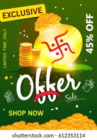 Akshaya Tritiya "Exclusive Offer" Banner or Poster design with Golden Pot, Coins etc. on decorative background for Sale, Offer, Discount etc. on the occasion of Akha Teej.