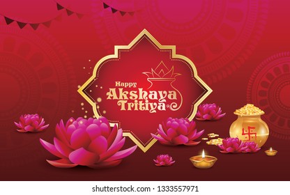 Akshaya Tritiya Festival  Background Design Template with Decorative Ornaments Kalash, Lotus, Lamps