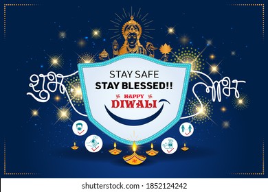 akshaya tritiya. festival Diwali, Dhanteras concept with Goddess Lakshmi,  family, safety mask, Air pollution, Covid 19 background and "Happy Diwali" Hindi calligraphy text