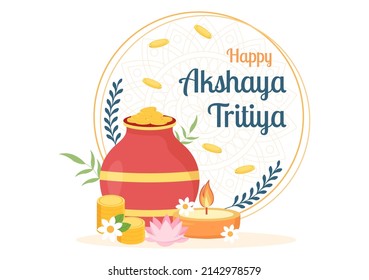 Festival Akshaya Tritiya con una moneda de Kalash dorado, maceta y oro para la celebración de Dhanteras en indio con plantilla de fondo decorada Ilustración