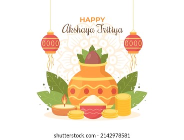 Festival Akshaya Tritiya con una moneda de Kalash dorado, maceta y oro para la celebración de Dhanteras en indio con plantilla de fondo decorada Ilustración