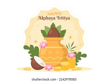 Festival Akshaya Tritiya con una moneda de Kalash dorado, maceta y oro para la celebración de Dhanteras en indio con plantilla de fondo decorada Ilustración