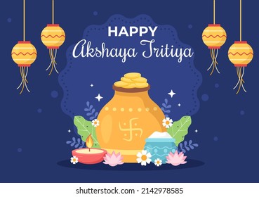 Festival Akshaya Tritiya con una moneda de Kalash dorado, maceta y oro para la celebración de Dhanteras en indio con plantilla de fondo decorada Ilustración