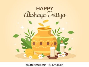 Festival Akshaya Tritiya con una moneda de Kalash dorado, maceta y oro para la celebración de Dhanteras en indio con plantilla de fondo decorada Ilustración