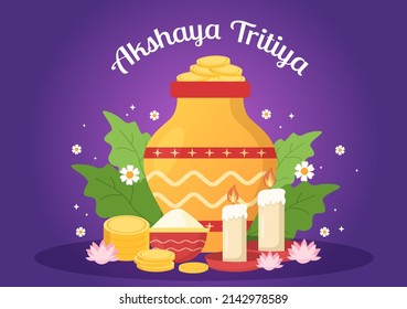 Festival Akshaya Tritiya con una moneda de Kalash dorado, maceta y oro para la celebración de Dhanteras en indio con plantilla de fondo decorada Ilustración