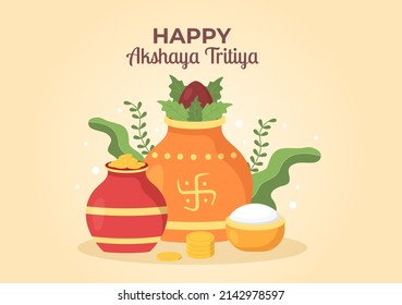 Festival Akshaya Tritiya con una moneda de Kalash dorado, maceta y oro para la celebración de Dhanteras en indio con plantilla de fondo decorada Ilustración