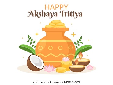 Festival Akshaya Tritiya con una moneda de Kalash dorado, maceta y oro para la celebración de Dhanteras en indio con plantilla de fondo decorada Ilustración