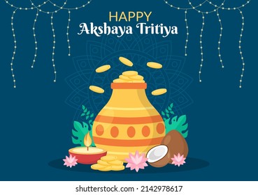 Festival Akshaya Tritiya con una moneda de Kalash dorado, maceta y oro para la celebración de Dhanteras en indio con plantilla de fondo decorada Ilustración