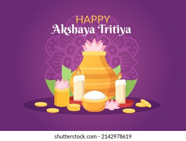 Festival Akshaya Tritiya con una moneda de Kalash dorado, maceta y oro para la celebración de Dhanteras en indio con plantilla de fondo decorada Ilustración