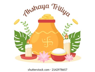 Festival Akshaya Tritiya con una moneda de Kalash dorado, maceta y oro para la celebración de Dhanteras en indio con plantilla de fondo decorada Ilustración