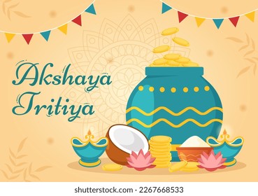 Akshaya Tritiya Festival Illustration with a Golden Kalash, Pot and Gold Coins for Dhanteras Celebration in Hand Drawn for Landing Page Templates
