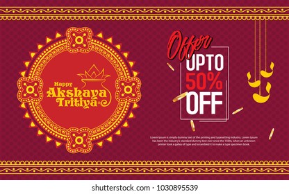 Akshaya Tritiya Festival oferta fundo com ornamentos florais redondos, lâmpadas suspensas e 50% desconto etiqueta