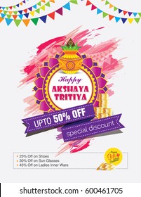Akshaya Tritiya Festival Offer Template Design with Mangal Kalash and 50% Discount Tag