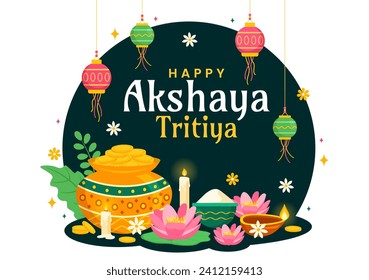 Akshaya Tritiya Festival Vector Illustration with a Golden Kalash, Candle, Pot and Gold Coins for Dhanteras Celebration in Traditional Hindu Holiday