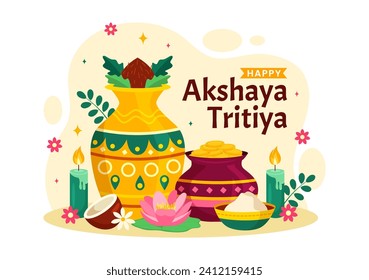 Akshaya Tritiya Festival Vektor Illustration mit einer Golden Kalash, Candle, Pot und Gold Coins für Dhanteras Celebration in Traditionshindu Feiertag