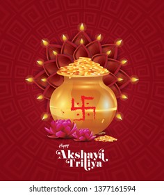 Akshaya Tritiya Greeting Card Template Background with Kalash, Gold Coin, Lotus