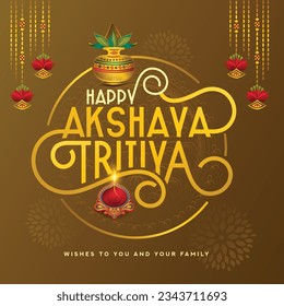 Akshaya Tritiya illustration of Gold coin in pot for Dhanteras celebration on Happy Diwali light festival of India background